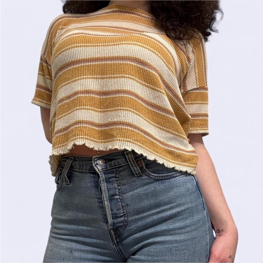 American Eagle Mustard Yellow Striped Thermal Waffle Knit Top